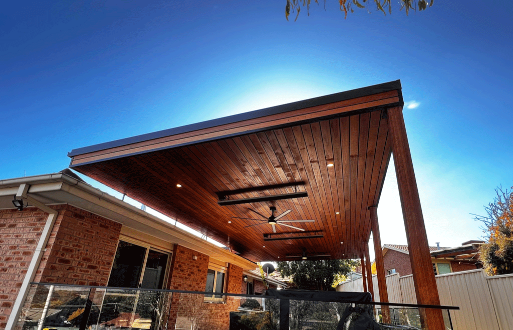 A pergola with a fan and lights built into